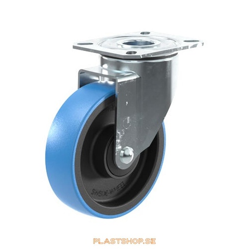 [P2005585] Länkhjul, utan broms, platta, hjuldiameter 125 mm, bygghöjd 157 mm, nav i Nylon PA6 med mjuk bana i Polyuretan, blå färg. 200 kg bärighet, kullager