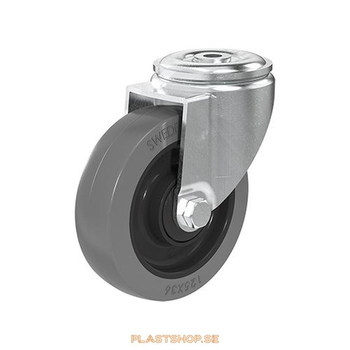 [P2005587] Länkhjul, utan broms, centrumhål, hjuldiameter 125 mm, bygghöjd 151 mm, nav i Nylon PA6 med mjuk bana i Elastiskt Gummi, grå färg. 225 kg bärighet, kullager