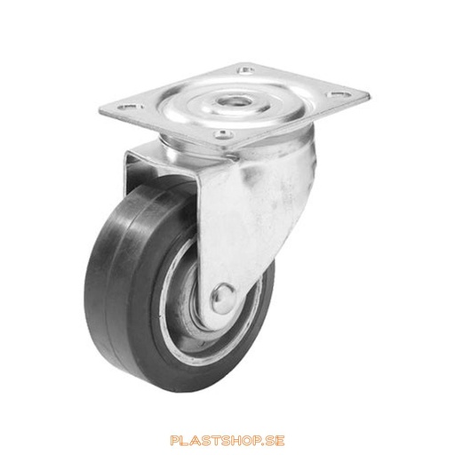 [P2005591] Länkhjul, utan broms, platta, hjuldiameter 125 mm, bygghöjd 157 mm, nav i Aluminium med mjuk bana i Elastiskt Gummi, svart färg. 225 kg bärighet, dubbla kullager