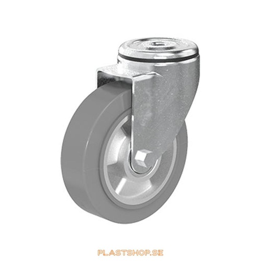 [P2005593] Länkhjul, utan broms, centrumhål, hjuldiameter 125 mm, bygghöjd 155 mm, nav i Aluminium med mjuk bana i Elastiskt Gummi, grå färg. 225 kg bärighet, dubbla kullager