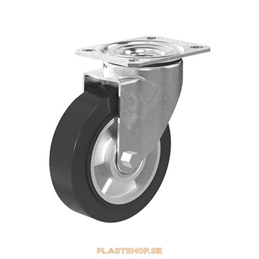 [P2005596] Link wheel, without brake, plate, wheel diameter 125 mm, building height 155 mm, hub in Aluminium with soft track in Elastiskt Gummi, svart. 225 kg load capacity, dubbla ball bearings