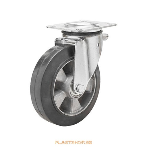 [P2005600] Link wheel, without brake, plate, wheel diameter 125 mm, building height 165,5 mm, hub in Aluminium with soft track in Elastiskt Gummi, svart. 270 kg load capacity, dubbla ball bearings