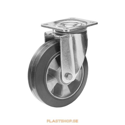 [P2005602] Länkhjul, utan broms, platta, hjuldiameter 125 mm, bygghöjd 164 mm, nav i Aluminium med mjuk bana i Elastiskt Gummi, svart färg. 270 kg bärighet, dubbla kullager