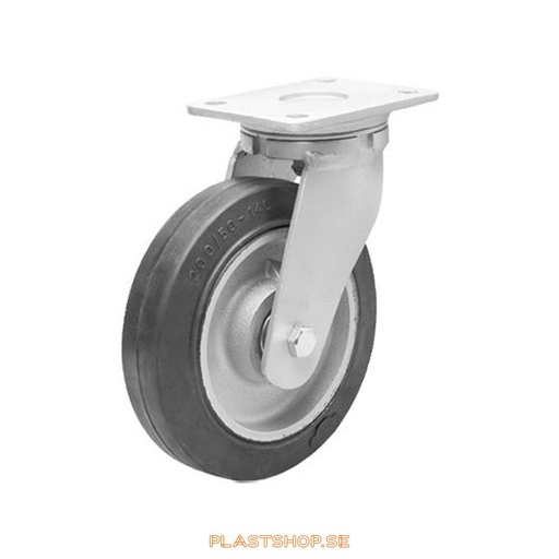 [P2005603] Länkhjul, utan broms, platta, hjuldiameter 125 mm, bygghöjd 170 mm, nav i Gjutjärn med mjuk bana i Elastiskt Gummi, svart färg. 160 kg bärighet, dubbla kullager