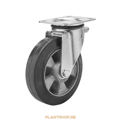 [P2005648] Länkhjul, utan broms, platta, hjuldiameter 150 mm, bygghöjd 191 mm, nav i Aluminium med mjuk bana i Elastiskt Gummi, svart färg. 300 kg bärighet, dubbla kullager