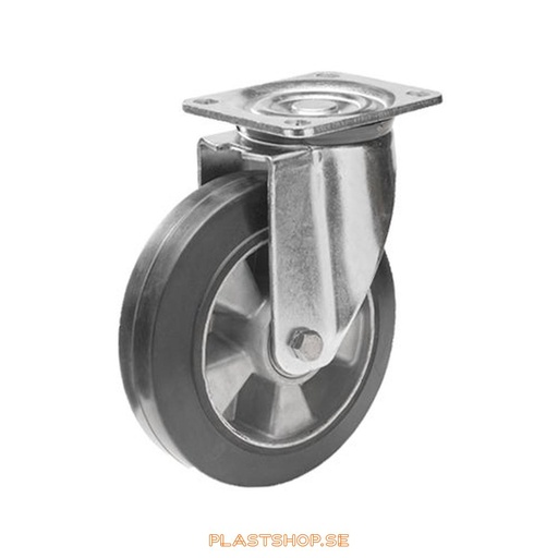[P2005650] Link wheel, without brake, plate, wheel diameter 150 mm, building height 194 mm, hub in Aluminium with soft track in Elastiskt Gummi, svart. 300 kg load capacity, dubbla ball bearings