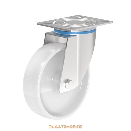 [P2005682] Link wheel, without brake, plate, wheel diameter 160 mm, building height 197 mm, hard wheel in solid Nylon PA6, white color. 300 kg load capacity, slide bearings