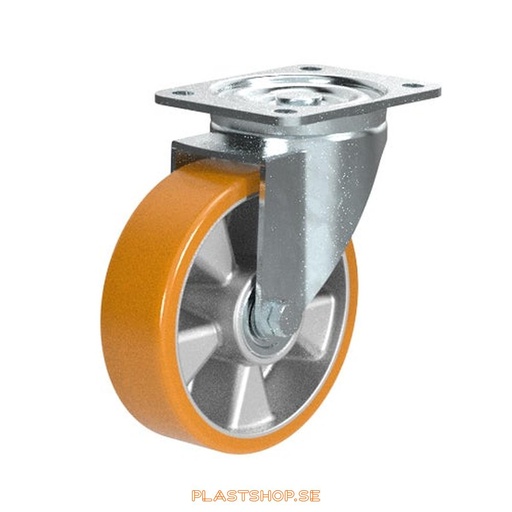 [P2005684] Link wheel, without brake, plate, wheel diameter 160 mm, building height 195 mm, hub in Aluminium with soft track in Polyuretan, orange färg. 600 kg load capacity, dubbla ball bearings