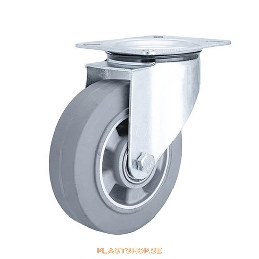 [P2005688] Link wheel, without brake, plate, wheel diameter 160 mm, building height 195 mm, hub in Aluminium with soft track in Elastiskt Gummi, grå. 350 kg load capacity, dubbla ball bearings