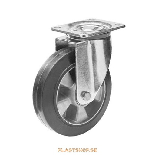 [P2005696] Länkhjul, utan broms, platta, hjuldiameter 160 mm, bygghöjd 199 mm, nav i Aluminium med mjuk bana i Elastiskt Gummi, svart färg. 350 kg bärighet, dubbla kullager