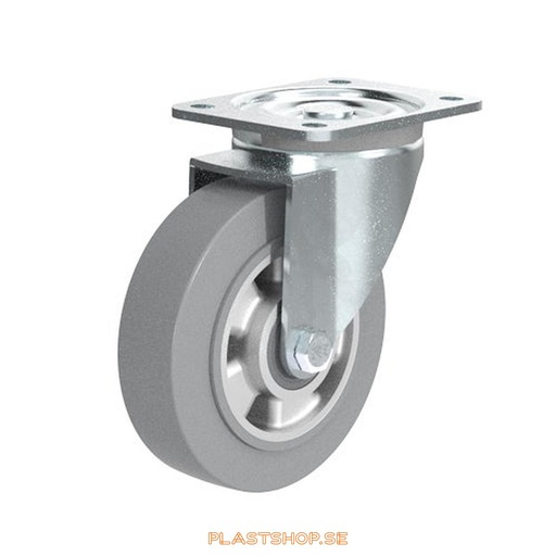 [P2005697] Länkhjul, utan broms, platta, hjuldiameter 160 mm, bygghöjd 199 mm, nav i Aluminium med mjuk bana i Elastiskt Gummi, grå färg. 350 kg bärighet, dubbla kullager