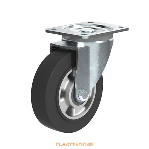 [P2005698] Link wheel, without brake, plate, wheel diameter 160 mm, building height 195 mm, hub in Aluminium with soft track in Elastiskt Gummi, svart. 350 kg load capacity, dubbla ball bearings