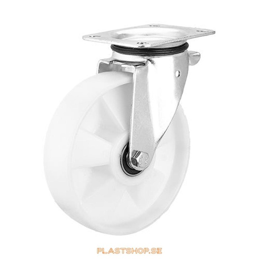 [P2005717] Link wheel, without brake, plate, wheel diameter 200 mm, building height 239 mm, hard wheel in solid Nylon PA6, natural color. 400 kg load capacity, dubbla ball bearings