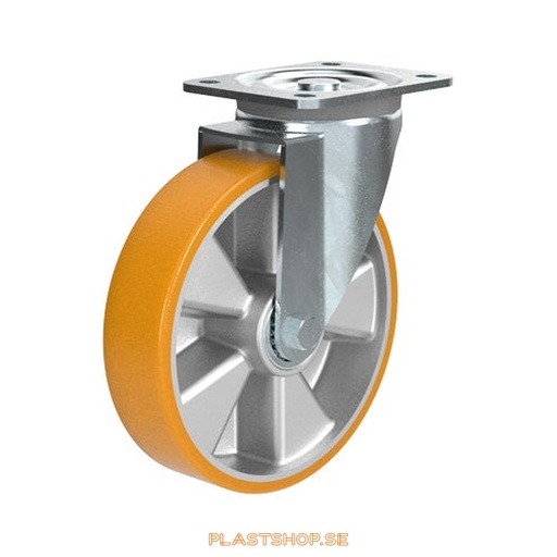 [P2005723] Link wheel, without brake, plate, wheel diameter 200 mm, building height 238 mm, hub in Aluminium with soft track in Polyuretan, orange färg. 700 kg load capacity, dubbla ball bearings