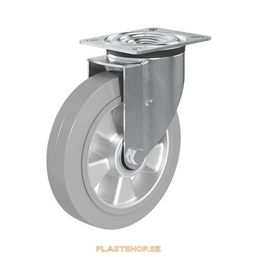 [P2005727] Länkhjul, utan broms, platta, hjuldiameter 200 mm, bygghöjd 235 mm, nav i Aluminium med mjuk bana i Elastiskt Gummi, grå färg. 400 kg bärighet, dubbla kullager