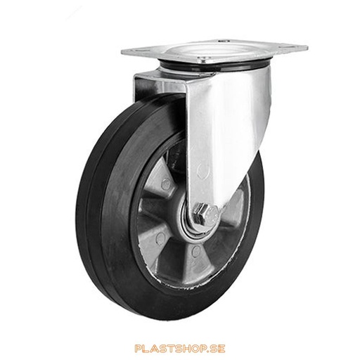 [P2005728] Link wheel, without brake, plate, wheel diameter 200 mm, building height 235 mm, hub in Aluminium with soft track in Elastiskt Gummi, svart. 400 kg load capacity, dubbla ball bearings