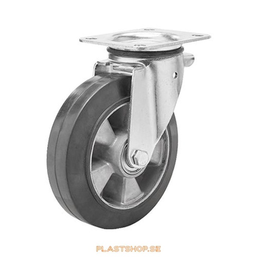 [P2005733] Link wheel, without brake, plate, wheel diameter 200 mm, building height 239 mm, hub in Aluminium with soft track in Elastiskt Gummi, svart. 400 kg load capacity, dubbla ball bearings