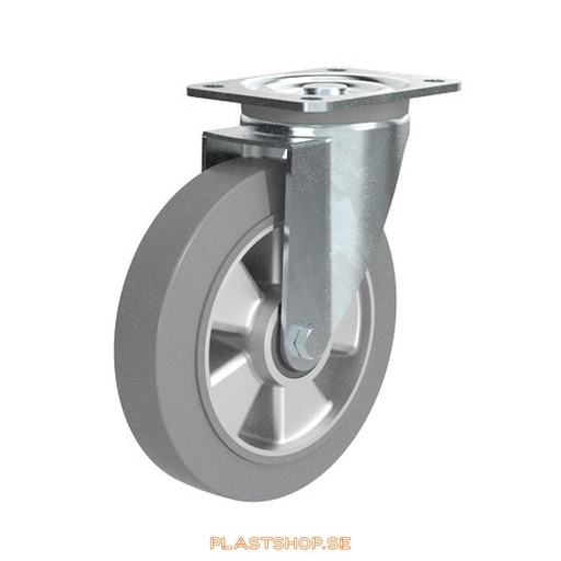 [P2005736] Länkhjul, utan broms, platta, hjuldiameter 200 mm, bygghöjd 238 mm, nav i Aluminium med mjuk bana i Elastiskt Gummi, grå färg. 450 kg bärighet, dubbla kullager