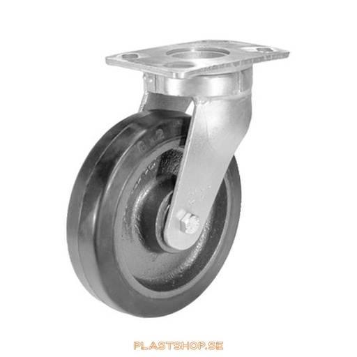 [P2005738] Link wheel, without brake, plate, wheel diameter 200 mm, building height 250 mm, hub in Gjutjärn with soft track in Elastiskt Gummi, svart. 450 kg load capacity, dubbla ball bearings