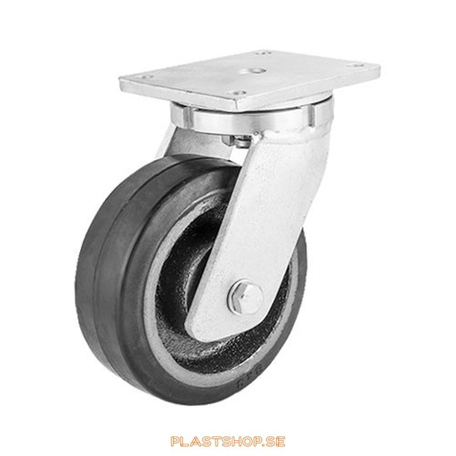 [P2005740] Länkhjul, utan broms, platta, hjuldiameter 200 mm, bygghöjd 264 mm, nav i Gjutjärn med mjuk bana i Elastiskt Gummi, svart färg. 550 kg bärighet, dubbla kullager