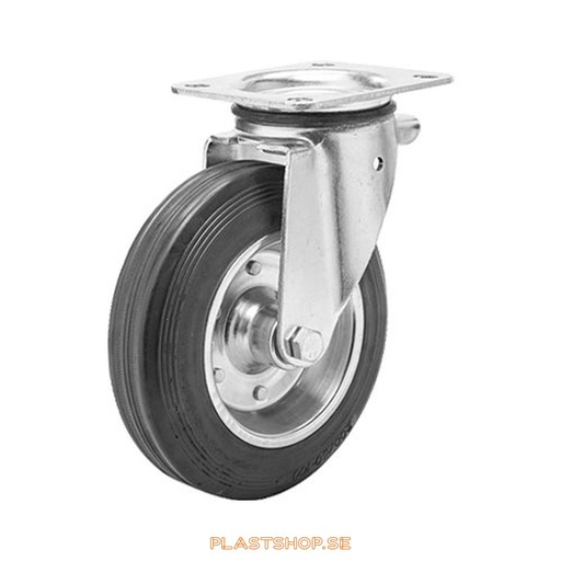 [P2005746] Link wheel, without brake, plate, wheel diameter 200 mm, building height 239 mm, hub in Plåt with soft track in Gummi, svart. 205 kg load capacity, roller bearings