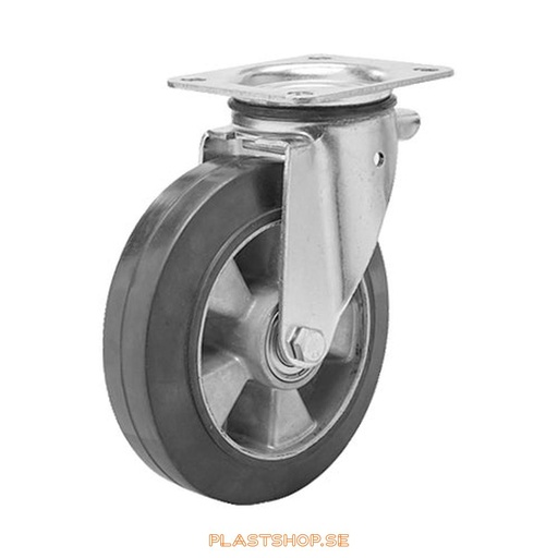 [P2005768] Länkhjul, utan broms, platta, hjuldiameter 250 mm, bygghöjd 290 mm, nav i Aluminium med mjuk bana i Elastiskt Gummi, svart färg. 400 kg bärighet, dubbla kullager