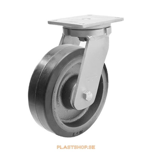 [P2005772] Link wheel, without brake, plate, wheel diameter 250 mm, building height 314 mm, hub in Gjutjärn with soft track in Elastiskt Gummi, svart. 750 kg load capacity, dubbla ball bearings