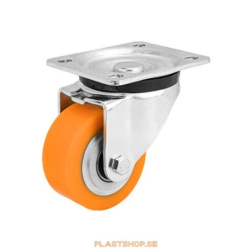 [P2005805] Länkhjul, utan broms, platta, hjuldiameter 80 mm, bygghöjd 111 mm, nav i Aluminium med mjuk bana i Polyuretan, orange färg. 180 kg bärighet, dubbla kullager