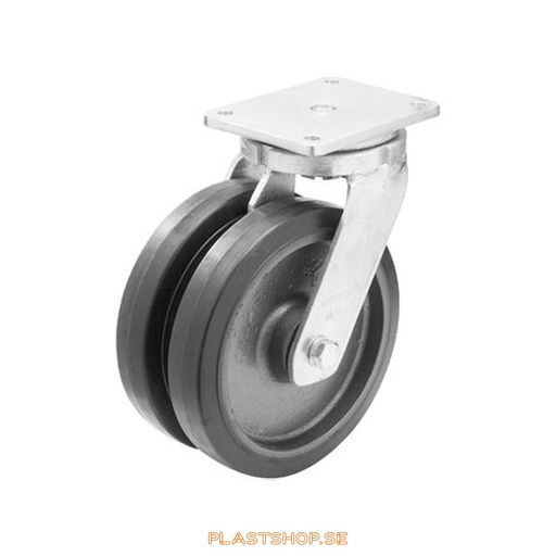 [P2005817] Link wheel, without brake, plate, wheel diameter 125 mm, building height 185 mm, hub in Gjutjärn with soft track in Elastiskt Gummi, svart. 500 kg load capacity, dubbla ball bearings