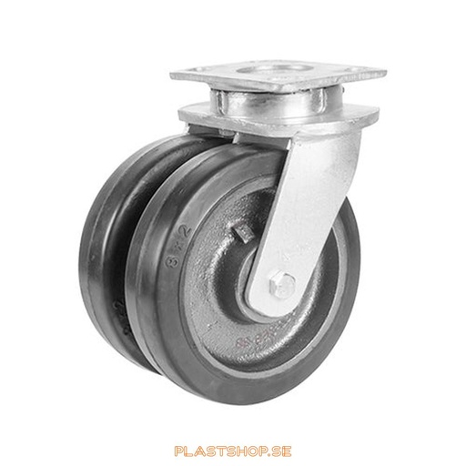 [P2005819] Link wheel, without brake, plate, wheel diameter 150 mm, building height 200 mm, hub in Gjutjärn with soft track in Elastiskt Gummi, svart. 700 kg load capacity, dubbla ball bearings