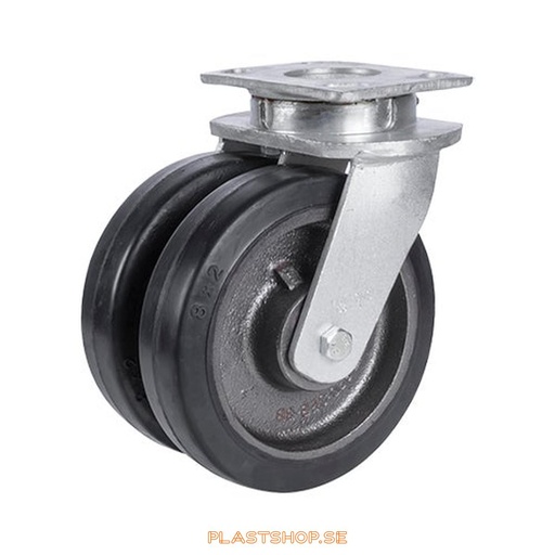 [P2005827] Link wheel, without brake, plate, wheel diameter 200 mm, building height 250 mm, hub in Gjutjärn with soft track in Elastiskt Gummi, svart. 900 kg load capacity, dubbla ball bearings