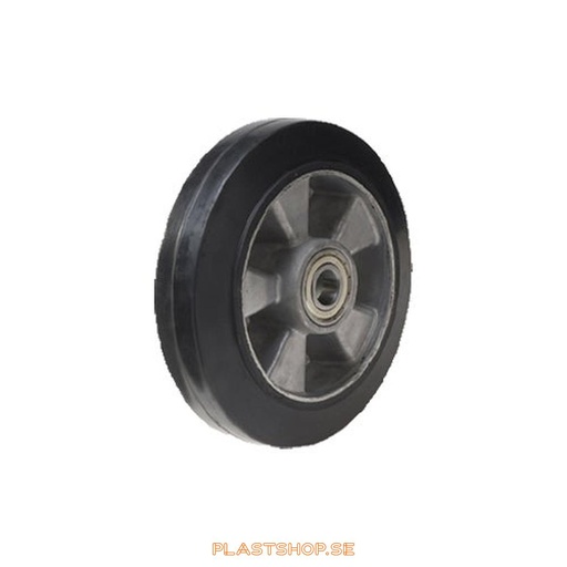 [P2006426] Wheel, wheel diameter 100 mm, hub in Aluminium with soft track in Elastiskt Gummi, black color. 225 kg load capacity, dubbla ball bearings