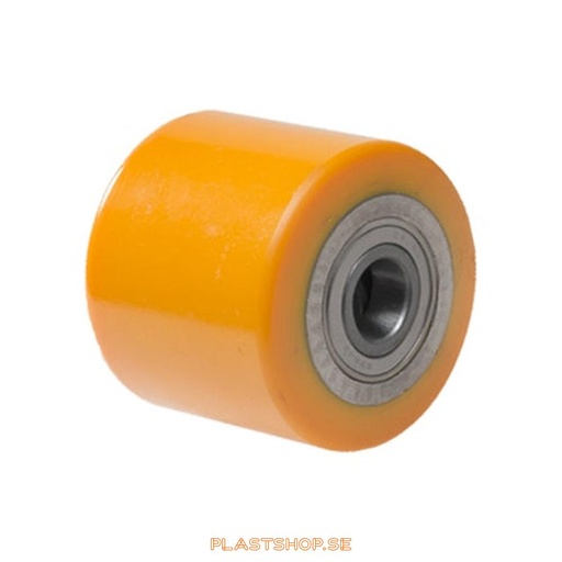 [P2006802] Wheel, wheel diameter 82 mm, hub in Gjutjärn with soft track in Polyuretan, orange färg. 700 kg load capacity, dubbla ball bearings