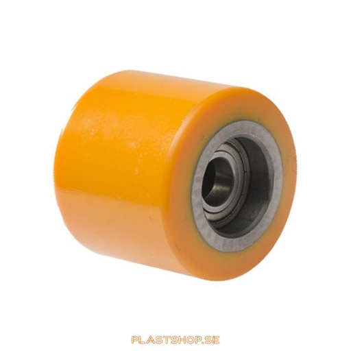 [P2006804] Wheel, wheel diameter 82 mm, hub in Gjutjärn with soft track in Polyuretan, orange färg. 780 kg load capacity, dubbla ball bearings