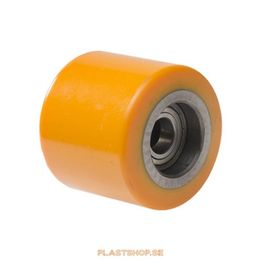 [P2006819] Wheel, wheel diameter 85 mm, hub in Gjutjärn with soft track in Polyuretan, orange färg. 600 kg load capacity, dubbla ball bearings